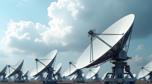 Powerful radio telescope array under bright sky for communications and astronomy projects, a modern technology solution for research needs