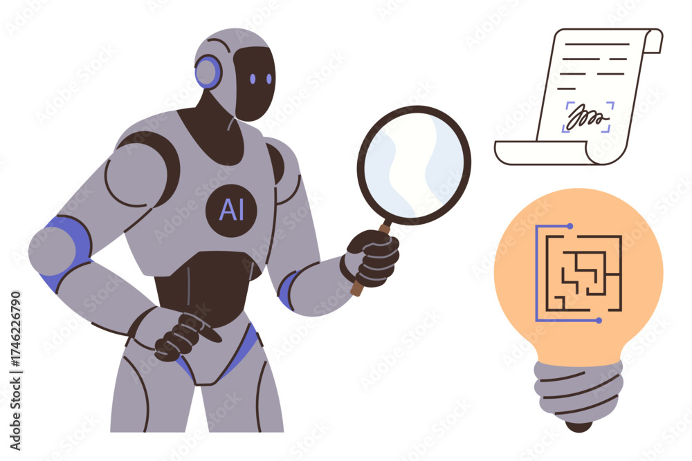 Wall mural ai robot inspects with a magnifying glass, next to a signed document and a lightbulb maze. ideal for