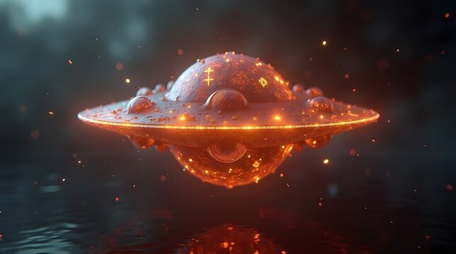 Mysterious glowing orange UFO hovers over dark rippling water with ethereal sparks flying