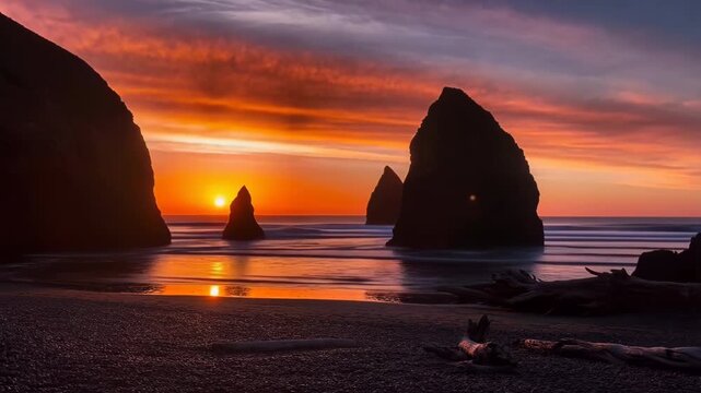 Golden sunset over oregon coast sea stacks