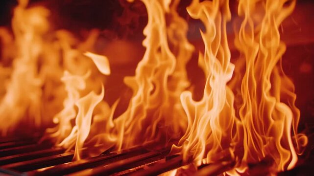 Flame fire heat grill barbecue cooking orange hot metal closeup with intense dramatic scene of glowing flames rising above grill, powerful energy, summer outdoor food preparation, grilling texture