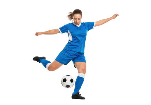 Female soccer player kicking ball isolated on transparent background