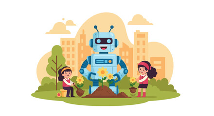 Fototapeta premium Robot helping children plant flowers in city garden 