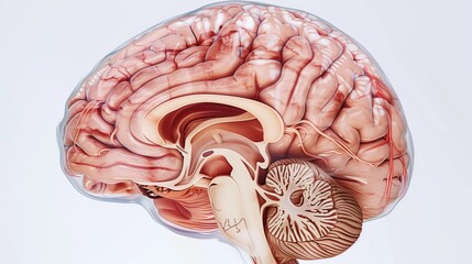 Alzheimer&rsquo;s Disease.Anatomical illustration of human brain with translucent layers showing internal structures, cerebral cortex, hippocampus, and temporal lobe visible