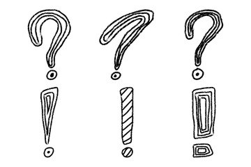 Creative Hand Drawn Question and Exclamation Mark Doodles. Sketch Art Symbols on White Background