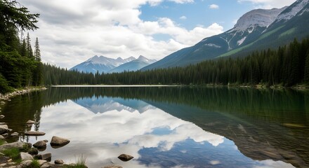 Calm mountain lake reflecting clear sky and distant mountains, lush forest edge, peaceful nature background.