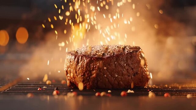 Grilled steak juicy beef barbecue flame smoke seasoning pepper dinner delicious gourmet cooked hot outdoor fire protein meal restaurant spicy rustic closeup tender fresh appetizing roasted sizzling