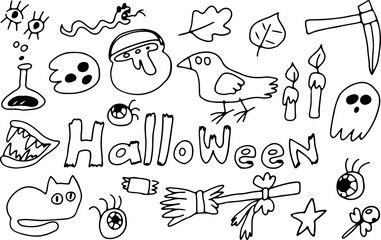Halloween icon set. Cute ghost, potion, cauldron, broom, cat, eye, candles, fangs. Drawn with black curved lines in grunge style. Autumn stickers. Perfect for greeting card, party invitation, poster
