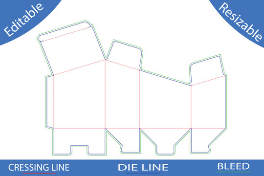 Gable top packaging box die line template with bleed and fold lines