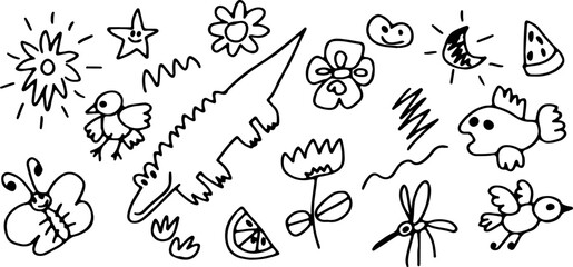 Kid sketch cute baby doodle summer element set. Crocodile, bird, butterfly, flower, fish, moon, piece of watermelon childish toy cartoon elements. Drawn with black curved lines in grunge style. 