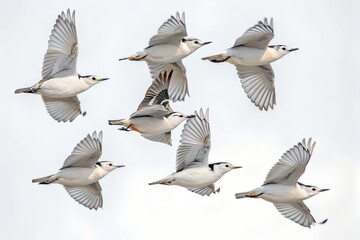 Obraz premium Flock of White-breasted Nuthatches Flying Isolated on White