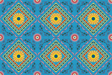 Thai geometric floral pattern in bright blue, yellow, and red tones. Inspired by traditional textile motifs with modern symmetry, perfect for fabric, wallpaper, wrapping, or digital decorative backgro