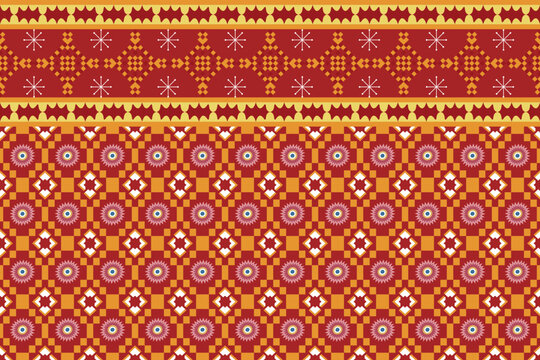 Traditional ethnic border textile pattern in red and yellow tones, featuring geometric and floral motifs inspired by tribal fabric design. Perfect for fabric prints, saree borders, textile decoration,