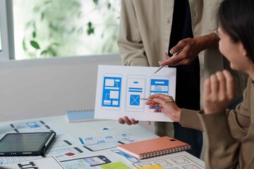 UI UX Design Review. Team discussing mobile app wireframes and features.