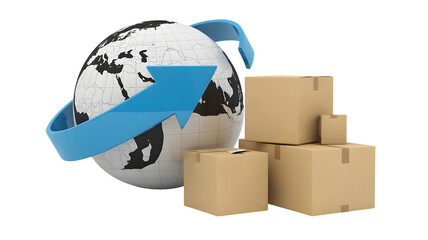 Global logistics solution with arrow circling earth and shipping boxes