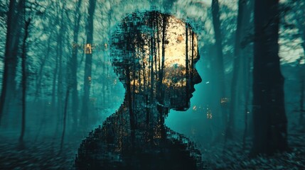 Conceptual digital artwork depicting a human profile silhouette filled with a warm, sunlit forest, contrasting against a blurred, serene teal woodland, symbolizing the integration of mind, nature, and