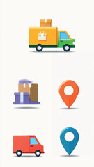 Digital icons for efficient logistics and delivery, featuring modern transport vehicles and precise location tracking