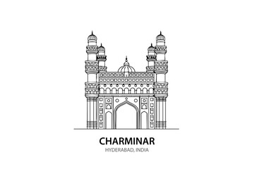 Fototapeta premium Charminar Hyderabad Line Art – Iconic Monument Vector Illustration of India