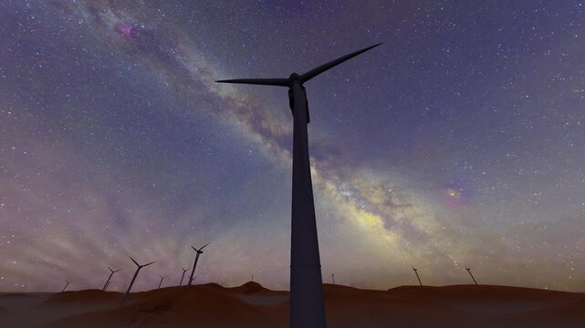 Wind power plant under the starry sky at night(produced by Lumion,not AI-generated)