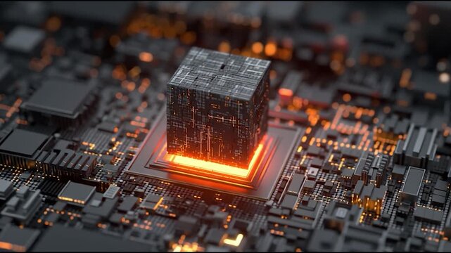 A detailed close-up of a futuristic microprocessor with glowing elements, set against a dark electronic circuit background, highlighting technology and innovation.