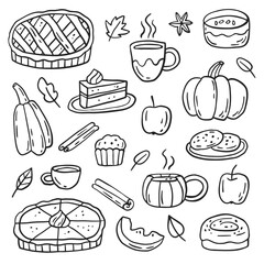 Cute autumn doodles. Cozy hand-drawn illustrations of fall food - apple pie, pumpkin pie, cinnamon roll, cookies. Vector design elements on white background