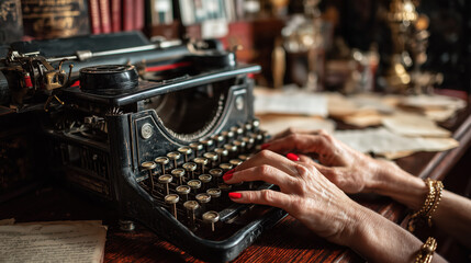 Vintage typewriter with hands typing old manuscript
