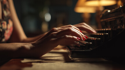 Woman typing on vintage typewriter creating story