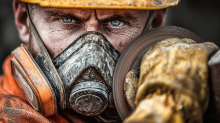 Obraz premium Worker with protective mask and grinder tool in construction work
