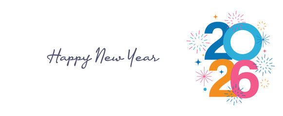 Happy New Year 2026 Colorful Greeting Banner poster post design White Background
