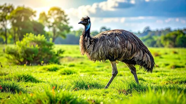 Emu in a grassy field under a bright sunny sky.