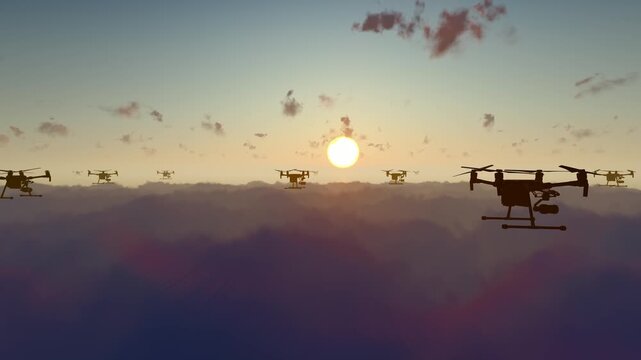 Drone swarms fly across the clouds(produced by Lumion,not AI-generated)