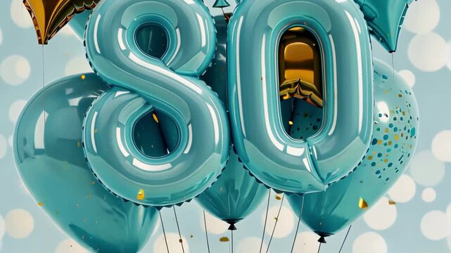 Celebratory balloons displaying "80" in festive background with sparkling confetti