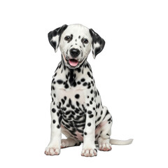 Charming Dalmatian puppy sitting, looking at the camera with a playful expression, showcasing its iconic spotted fur.. PNG Without Background