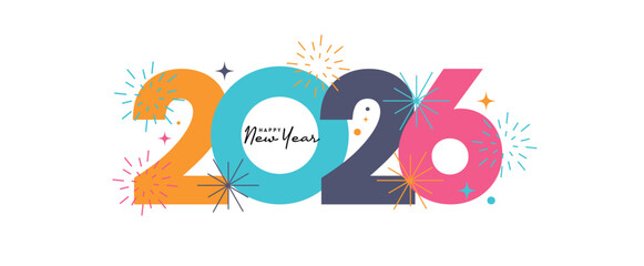 Happy New Year 2026 Colorful Greeting Banner poster post design White Background