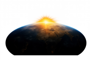 Earth globe with sun rising over atmospheric horizon, transparent background, global environment concept
