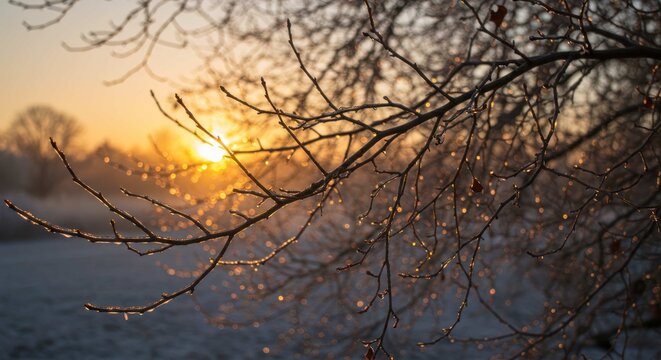 Winter landscape with snow covered ground and bare tree branches against sunset.