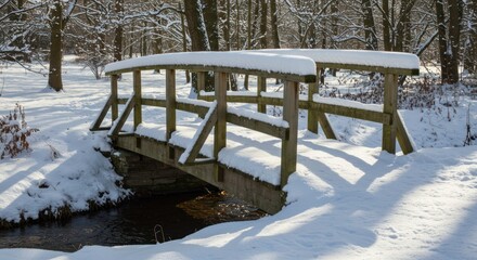 Wooden bridge covered in snow spans a small stream in a winter landscape.