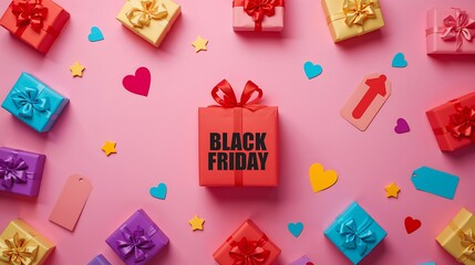 Colorful Black Friday gifts and tags surrounded by decorative shapes on a pink background