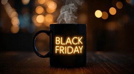 Cozy Black Friday mug with glowing text and steam against a blurred background