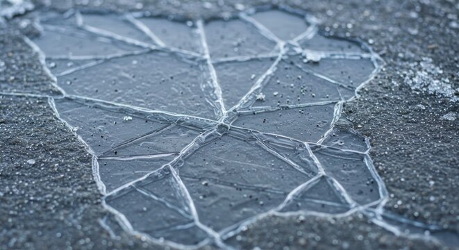 Cracked ice surface with visible fractures and surrounding frozen ground.