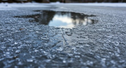 Ice surface with a puddle reflecting the sky and surrounding trees.