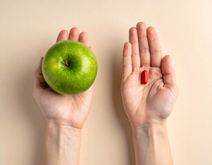 Choice Between Natural Food and Supplement: Hands Holding Apple and Pill