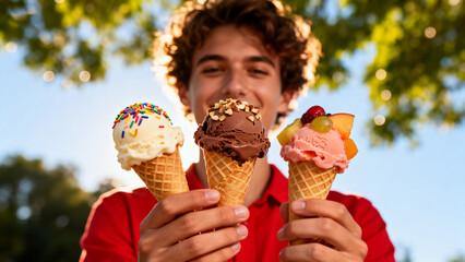 Young man holding three ice creams