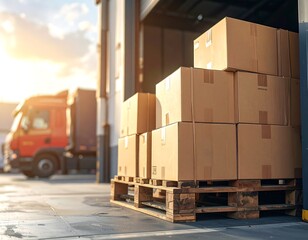 Stacked Cardboard Boxes on Pallet with Delivery Truck at Loading Dock