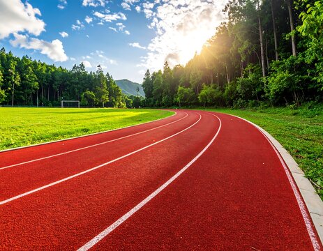 Curving Red Running Track with Lush Green Field and Forest