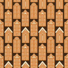 Materiał do szycia Gingerbread Houses Endless Background. Winter Bakery Seamless Pattern. 