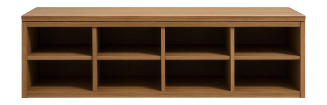 Hallway bench with shoe compartments for organized storage in family homes.