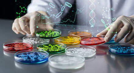 Scientist examining petri dishes with colorful samples in laboratory.