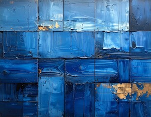Abstract composition of blue and gold tiles