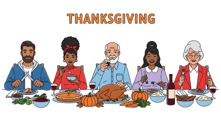 Thanksgiving dinner celebration with a diverse family enjoying a festive meal, isolated on white background